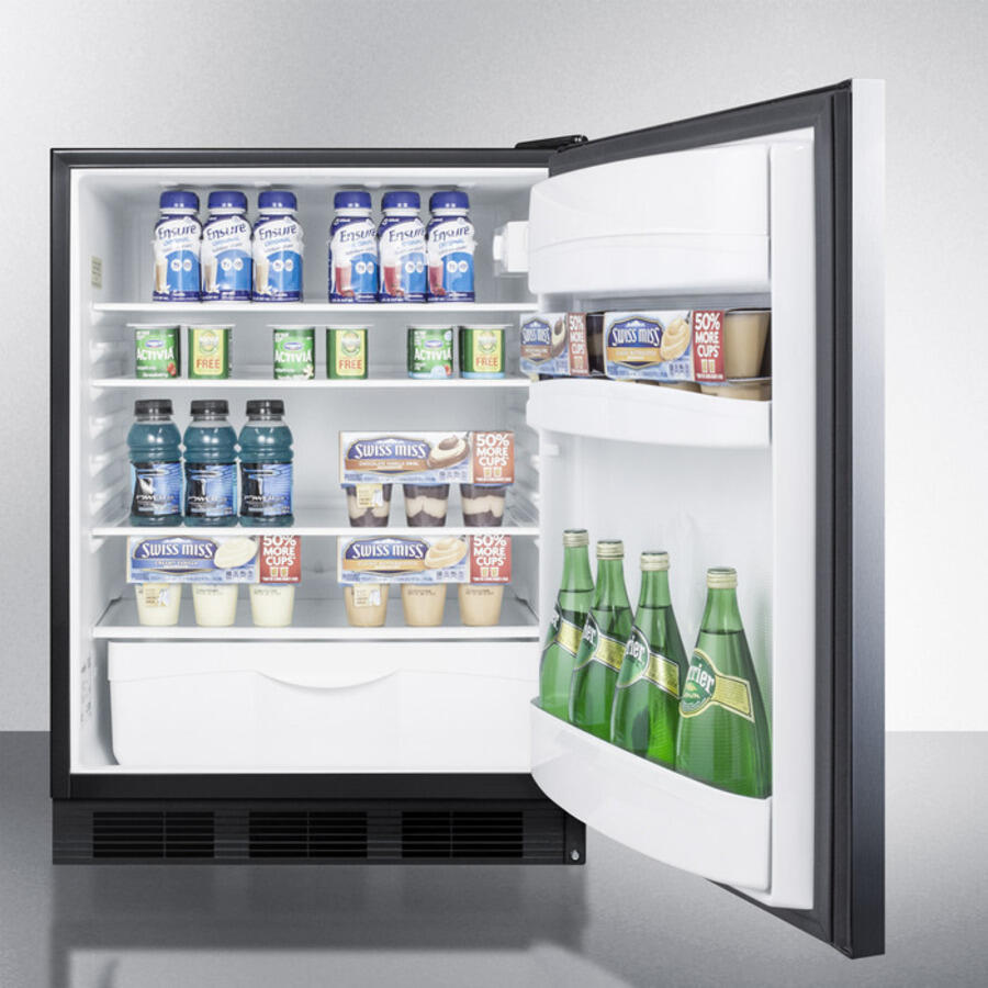 Summit FF6BBI7SSHH Commercially Listed Built-In Undercounter All-Refrigerator For General Purpose Use, Autom Defrost W/Ss Wrapped Door, Horizontal Handle, And Black Cabinet