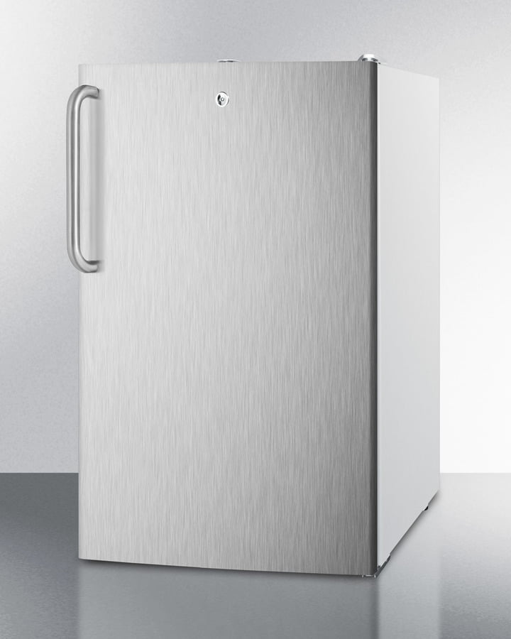 Summit FF511LSSTBADA Ada Compliant 20" Wide Counter Height All-Refrigerator, Auto Defrost With A Lock, Stainless Steel Door, Towel Bar Handle, And White Cabinet