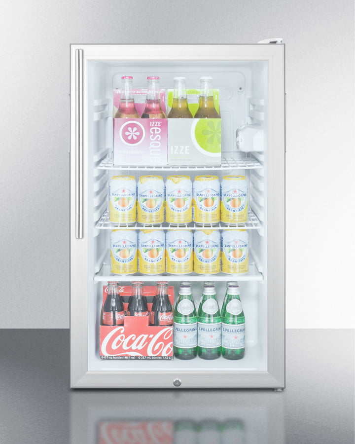 Summit SCR450L7HVADA Commercially Listed Ada Compliant 20" Wide Glass Door All-Refrigerator For Freestanding Use, Auto Defrost With A Lock, Thin Handle And White Cabinet