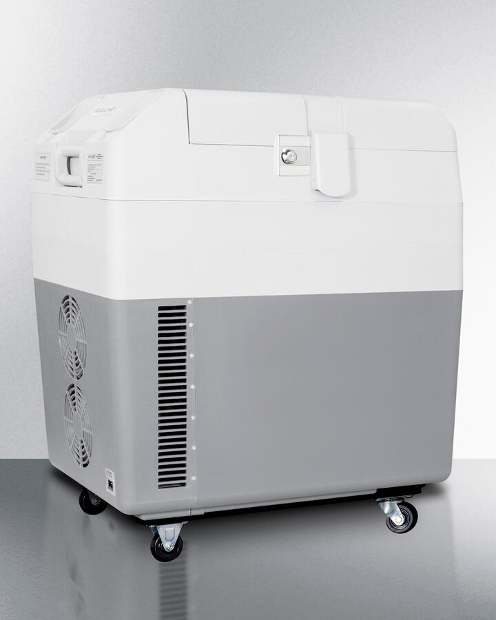 Summit SPRF36M2 Portable 12V/24V Cooler Capable Of Operation As Refrigerator (2-8(Degree)C) Or Freezer (-15(Degree)C), With Factory-Installed Lock, Strap Handle, And Four Pre-Installed Wheels