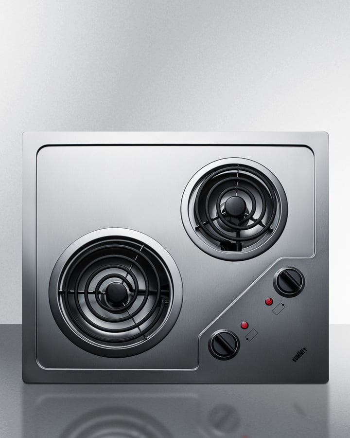 Summit CR2B224S 2-Burner 230V Electric Cooktop Designed For Portrait Or Landscape Installation, With Coil Elements And Stainless Steel Finish