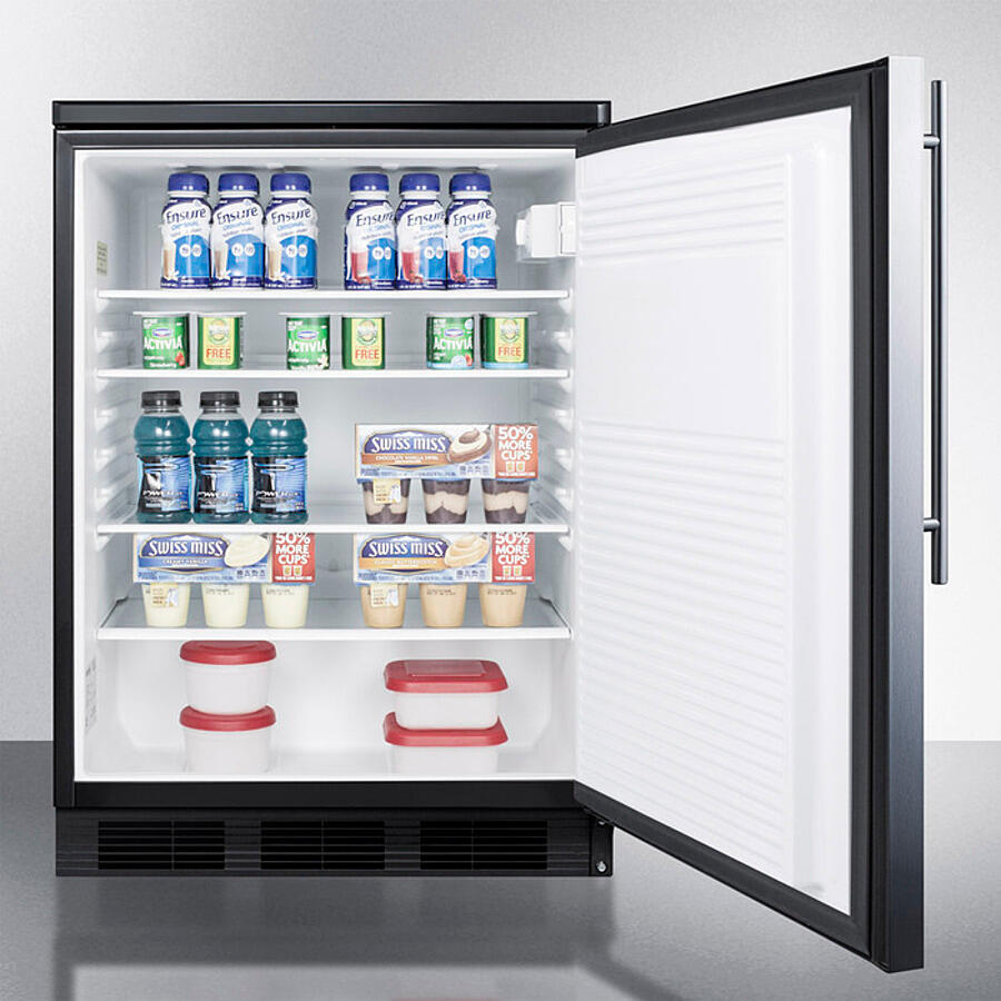 Summit FF7LBLKBISSHV Commercially Listed Built-In Undercounter All-Refrigerator For General Purpose Use, Auto Defrost W/Ss Wrapped Door, Thin Handle, Lock, And Black Cabinet