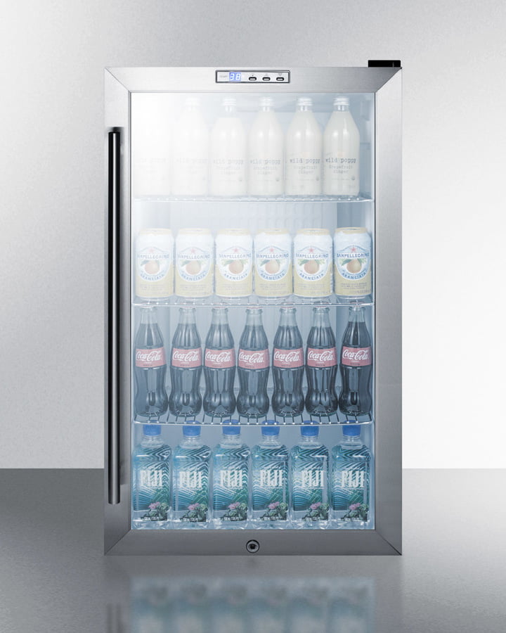 Summit SCR486L Commercial Freestanding Beverage Merchandiser Designed For The Display And Refrigeration Of Beverages And Sealed Food, With Glass Door, Black Cabinet, Front Lock, And Digital Thermostat