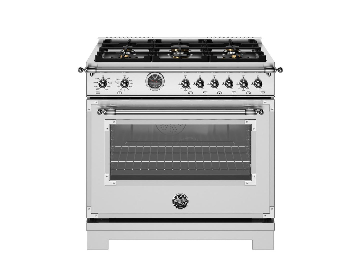 Bertazzoni HER366BCFEPXT 36 Inch Dual Fuel Range, 6 Brass Burner And Cast Iron Griddle, Electric Self-Clean Oven Stainless Steel