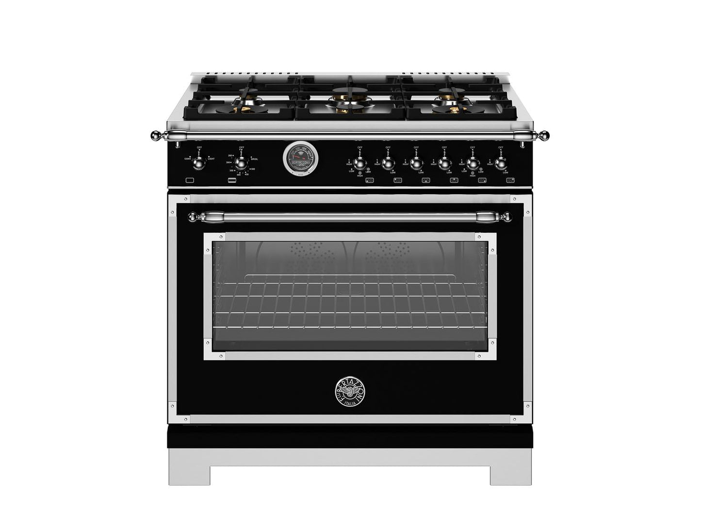 Bertazzoni HER366BCFGMNET 36 Inch All Gas Range, 6 Brass Burners And Cast Iron Griddle Nero Matt