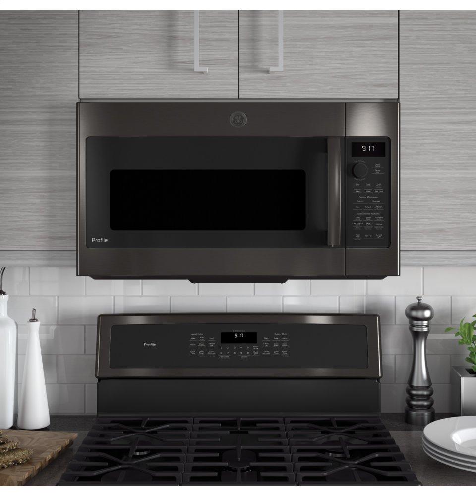 FLOOR MODEL GE Profile™ 1.7 Cu. Ft. Black Stainless Steel Over The Range  Microwave, Don's Appliances