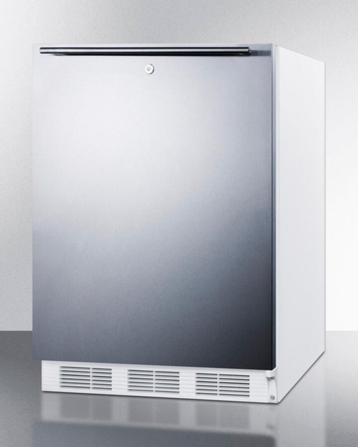 Summit FF6L7SSHHADA Ada Compliant Commercial All-Refrigerator For Freestanding General Purpose Use, Auto Defrost With Lock, Ss Wrapped Door, Horizontal Handle, And White Cabinet