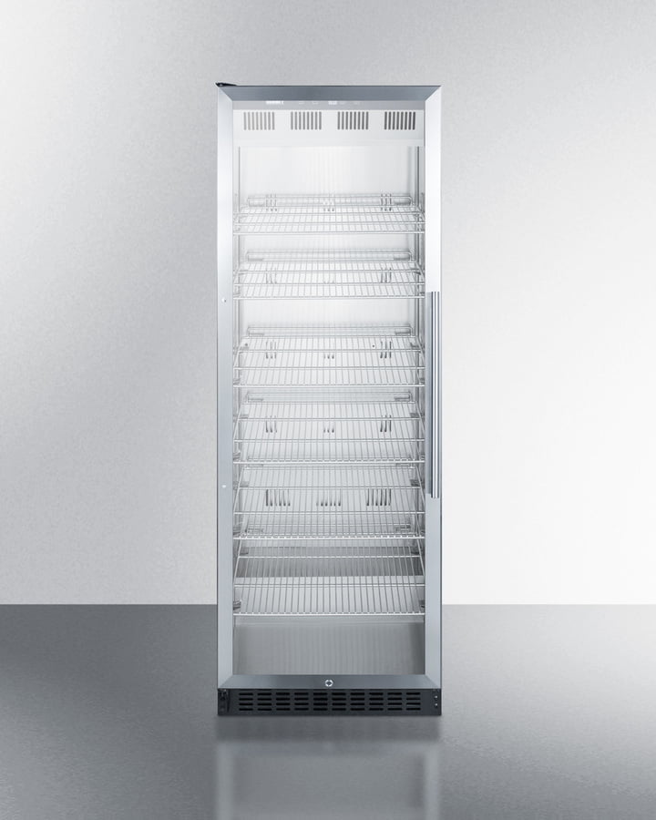 Summit SCR1401LHCSS Full-Size Commercial Beverage Center With Stainless Steel Interior, Self-Closing Glass Door, Self-Closing Glass Door With A Left Hand Swing, And Stainless Steel Wrapped Cabinet