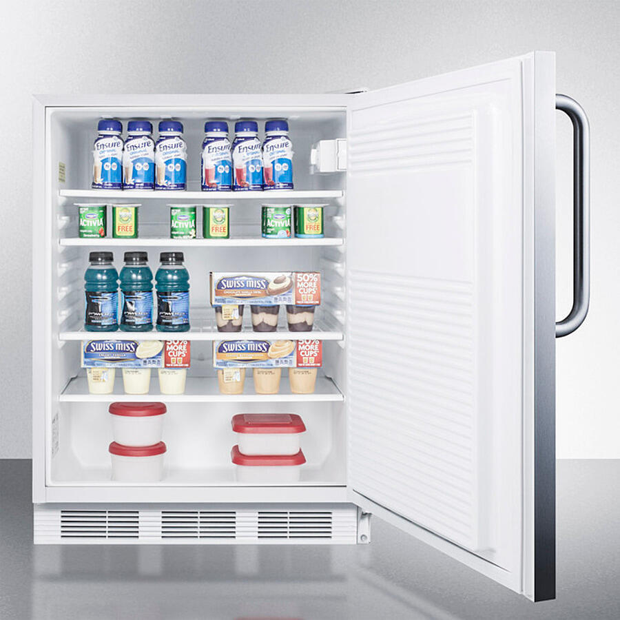 Summit FF7WBISSTB Commercially Listed Built-In Undercounter All-Refrigerator For General Purpose Use, Auto Defrost W/Ss Wrapped Door, Towel Bar Handle, And White Cabinet