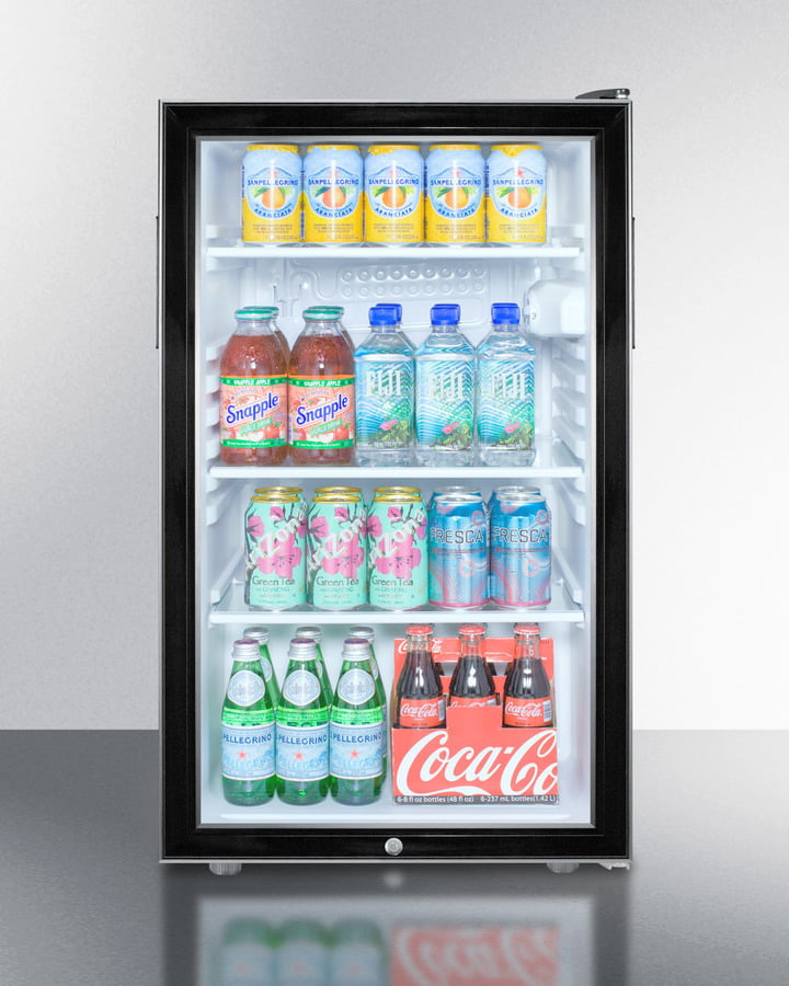 Summit SCR500BL7 20" Wide Glass Door All-Refrigerator For Freestanding Use, Auto Defrost With A Lock And Black Cabinet