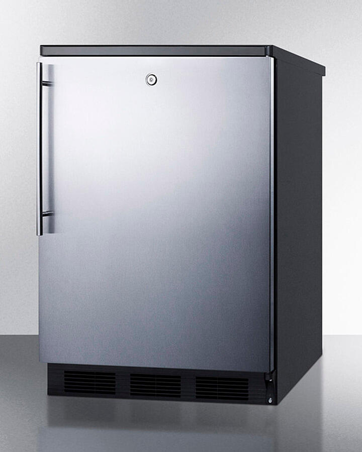 Summit FF7LBLKSSHV Commercially Listed Freestanding All-Refrigerator For General Purpose Use, Auto Defrost W/Ss Wrapped Door, Thin Handle, Lock, And Black Cabinet