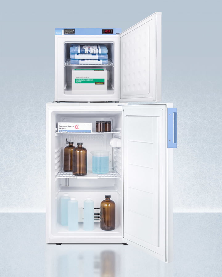 Summit FF511LFS24LSTACKMED2 Stacked Combination Of Ff511Lbimed2 Auto Defrost All-Refrigerator And Fs24Lmed2 Compact Manual Defrost All-Freezer, Both With Locks, Digital Controls, And Nist Calibrated Alarm/Thermometers