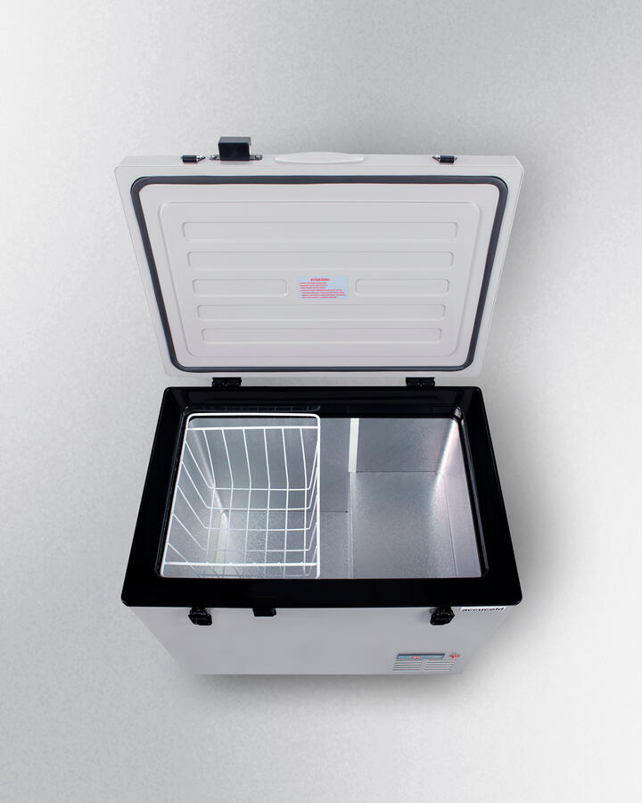 Summit SPRF86M2 Portable 12V/24V Cooler Capable Of Operation As Refrigerator (2-8(Degree)C) Or Freezer (-12(Degree)C), With Insulated Cover, Interior Wire Basket, Factory-Installed Lock, Strap Handle, And Four Pre-Installed Wheels