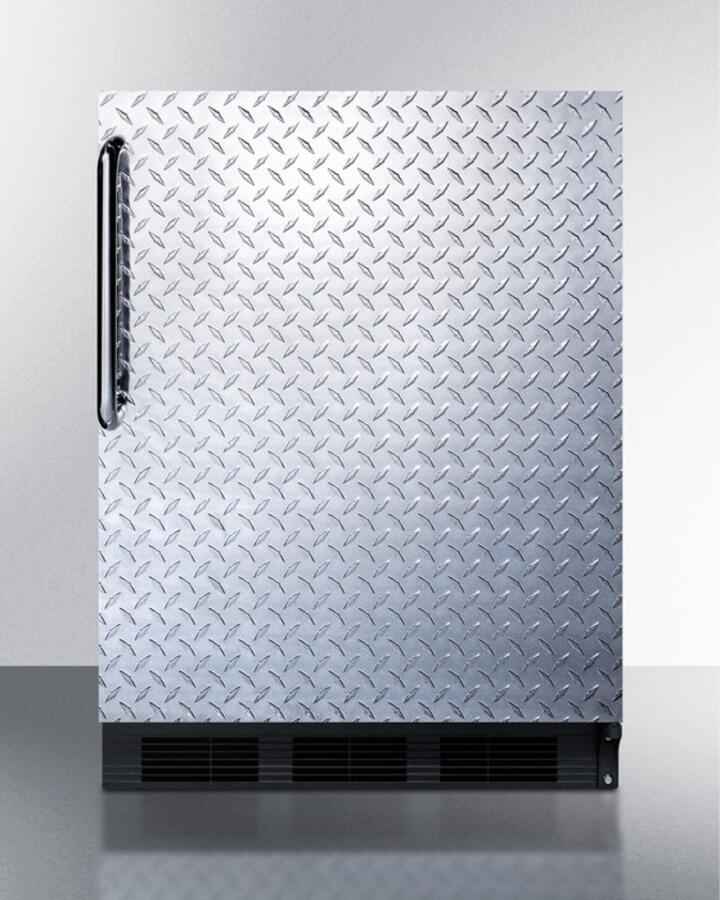 Summit FF63BBIDPLADA Ada Compliant Built-In Undercounter All-Refrigerator For Residential Use, Auto Defrost With Diamond Plate Wrapped Door, Towel Bar Handle, And Black Cabinet