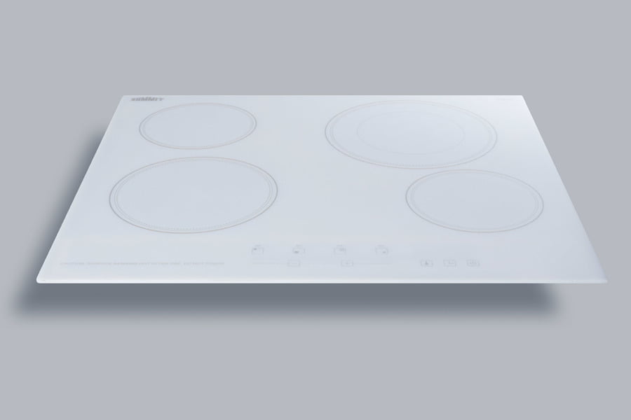 Summit CR4B23T6W 230V 4-Burner Cooktop In White Ceramic Schott Glass With Digital Touch Controls And An Extra Large 8" Dual Cooking Element