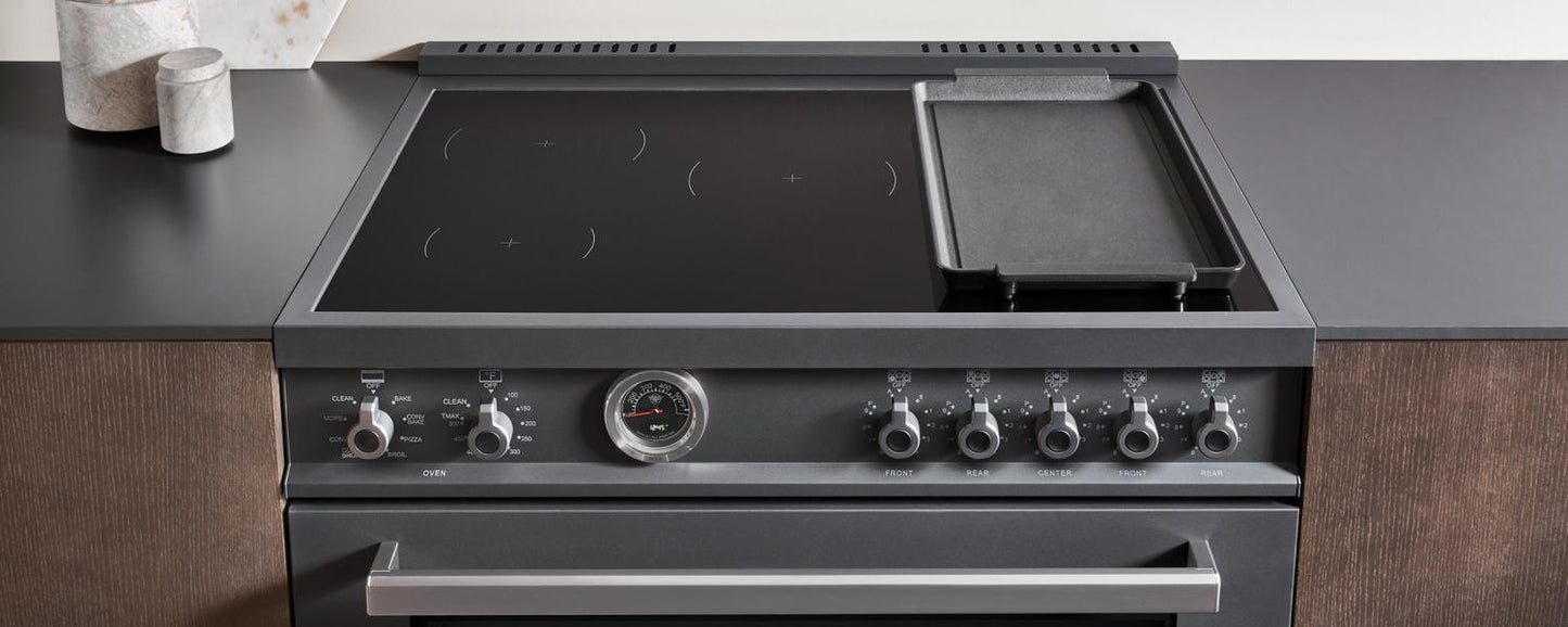 Bertazzoni PRO365ICFEPNET 36 Inch Induction Range, 5 Heating Zones And Cast Iron Griddle, Electric Self-Clean Oven Nero