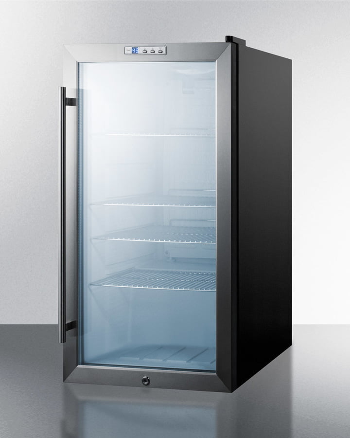 Summit SCR486L Commercial Freestanding Beverage Merchandiser Designed For The Display And Refrigeration Of Beverages And Sealed Food, With Glass Door, Black Cabinet, Front Lock, And Digital Thermostat