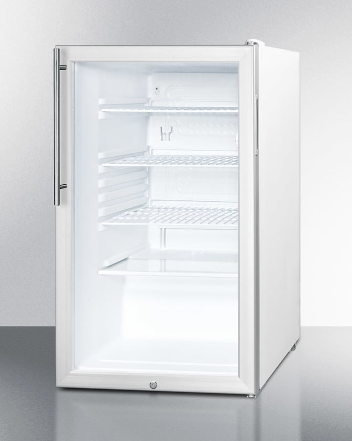 Summit SCR450L7HVADA Commercially Listed Ada Compliant 20" Wide Glass Door All-Refrigerator For Freestanding Use, Auto Defrost With A Lock, Thin Handle And White Cabinet