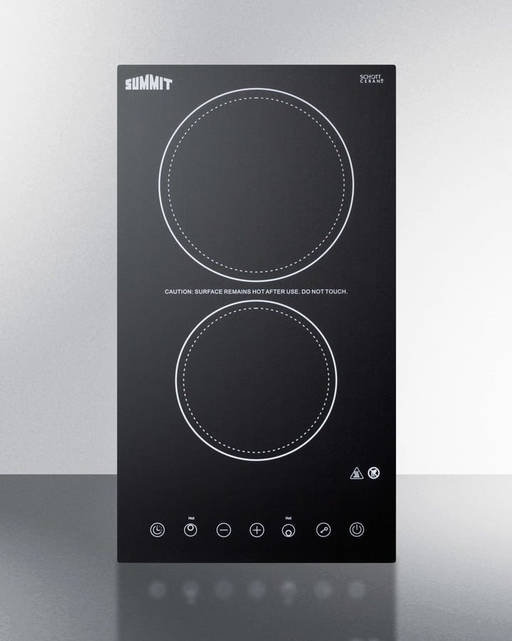 Summit CR2B23T3B 230V 2-Burner Cooktop In Black Ceramic Schott Glass With Digital Touch Controls, 3000W