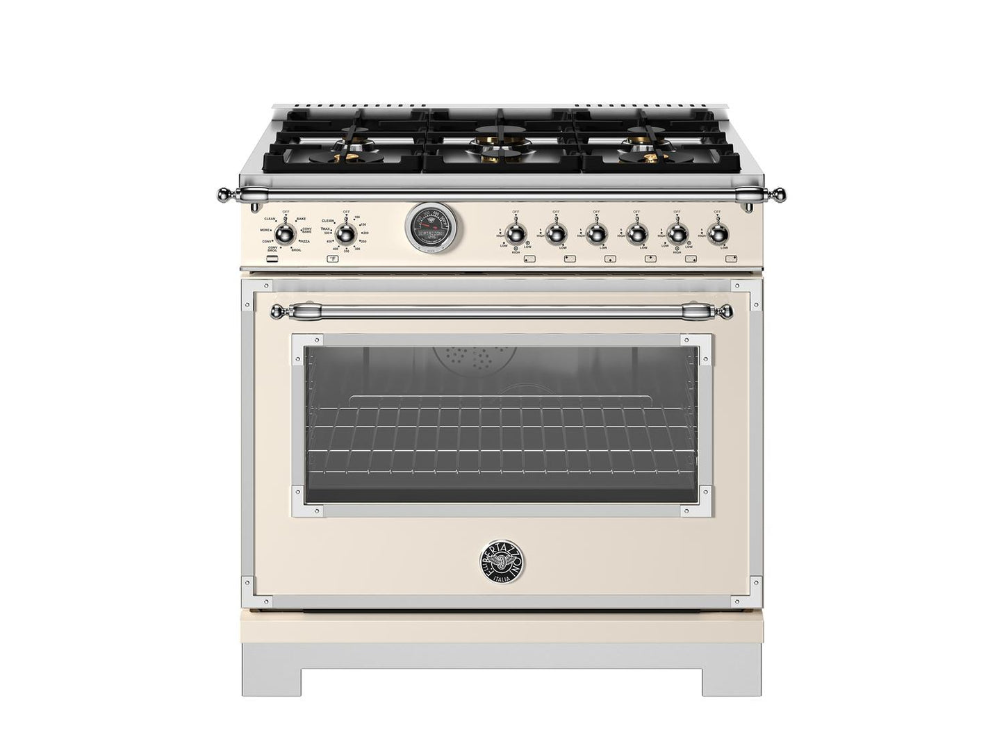 Bertazzoni  HER366BCFEPAVT range_continuous_grates36 Inch Dual Fuel Range, 6 Brass Burner And Cast Iron Griddle, Electric Self-Clean Oven Avorio