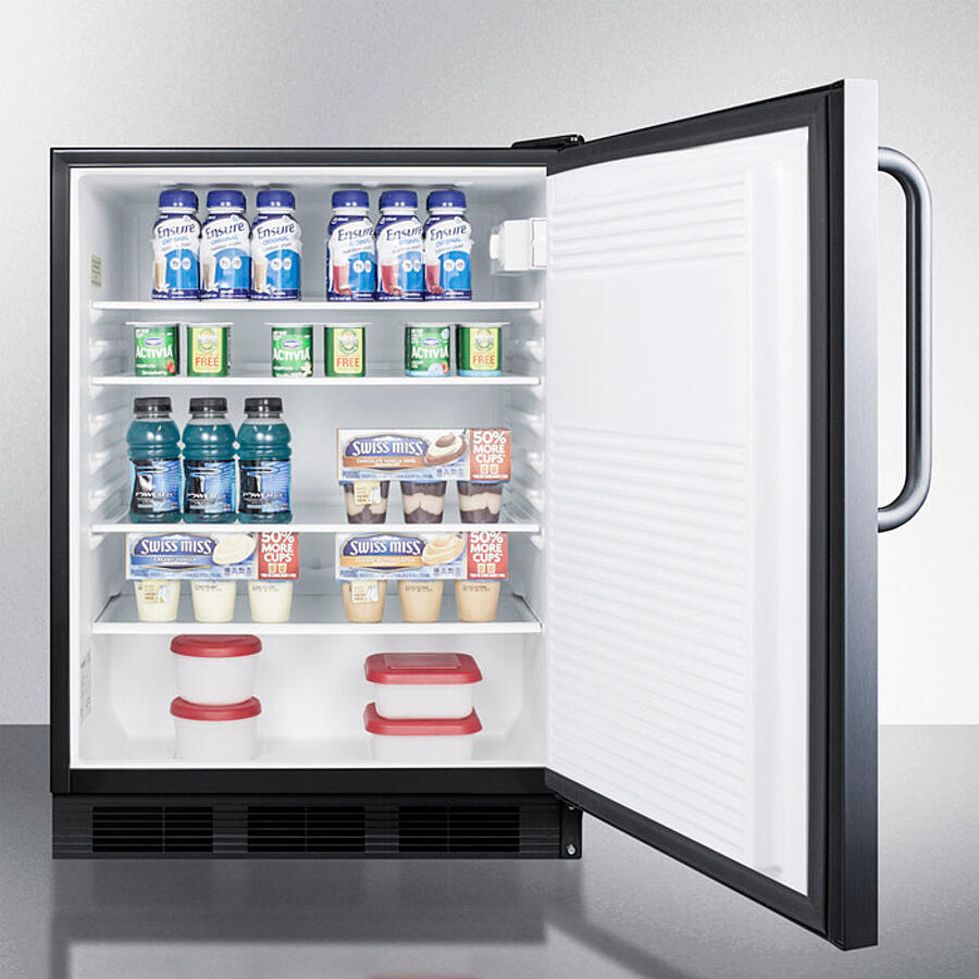 Summit FF7LBLKBISSTBADA Ada Compliant Built-In Undercounter All-Refrigerator For General Purpose Or Commercial Use, Auto Defrost W/Ss Door, Towel Bar Handle, Lock, And Black Cabinet