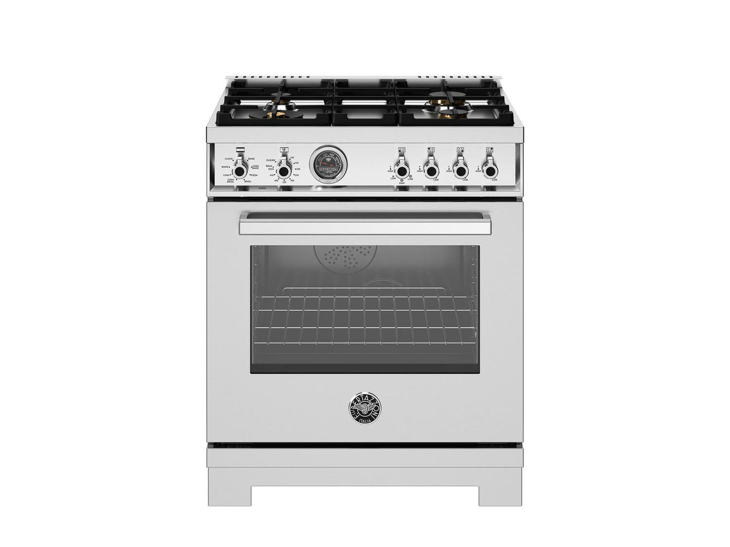 Bertazzoni PRO304BFEPXT 30 Inch Dual Fuel Range, 4 Brass Burners, Electric Self-Clean Oven Stainless Steel