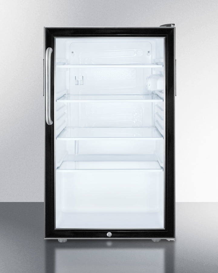 Summit SCR500BLBI7TBADA Commercially Listed Ada Compliant 20" Wide Glass Door All-Refrigerator For Built-In Use, Auto Defrost With A Lock, Towel Bar Handle And Black Cabinet