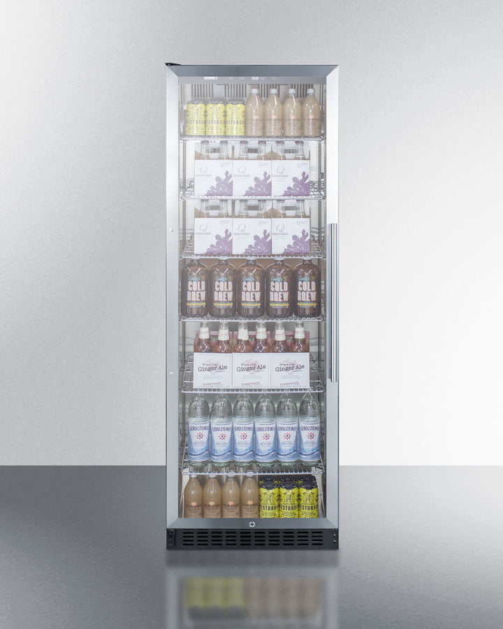 Summit SCR1401LHCSS Full-Size Commercial Beverage Center With Stainless Steel Interior, Self-Closing Glass Door, Self-Closing Glass Door With A Left Hand Swing, And Stainless Steel Wrapped Cabinet