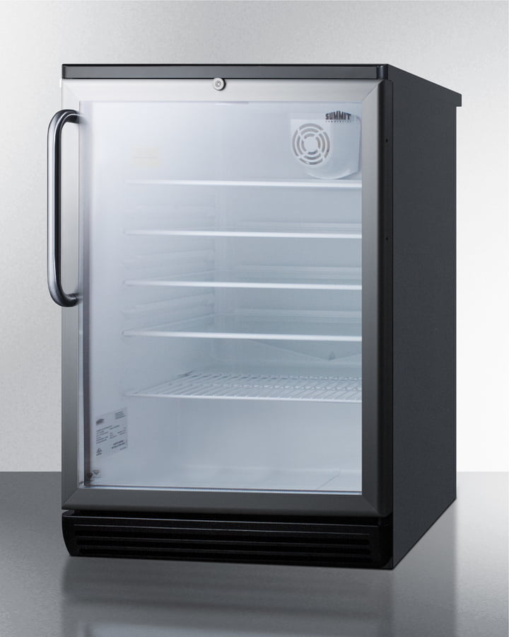 Summit SCR600BGLTB Commercially Listed 5.5 Cu.Ft. Counter Height Beverage Center In A 24" Footprint, With Black Cabinet, Glass Door, Towel Bar Handle, And Lock