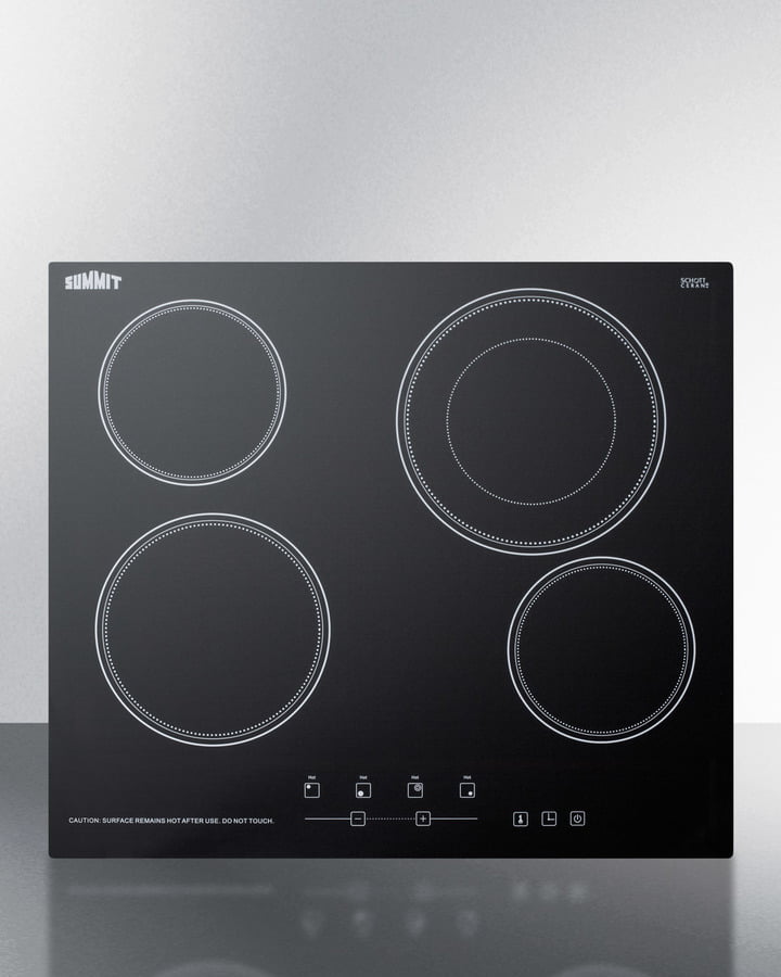 Summit CR4B23T5B 230V 4-Burner Cooktop In Black Ceramic Schott Glass With Digital Touch Controls And An Extra Large 8" Dual Cooking Element