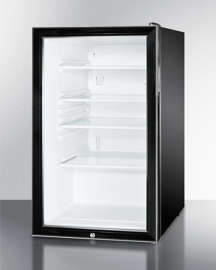 Summit SCR500BL7 20" Wide Glass Door All-Refrigerator For Freestanding Use, Auto Defrost With A Lock And Black Cabinet