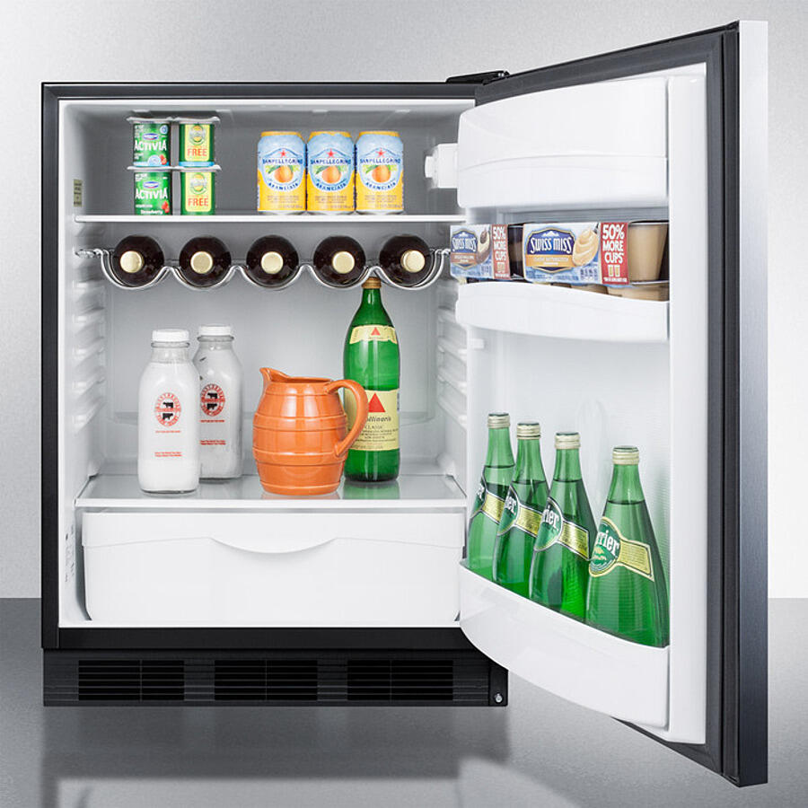 Summit FF63BKBISSHHADA Ada Compliant Built-In Undercounter All-Refrigerator For Residential Use, Auto Defrost With Stainless Steel Wrapped Door, Horizontal Handle, And Black Cabinet