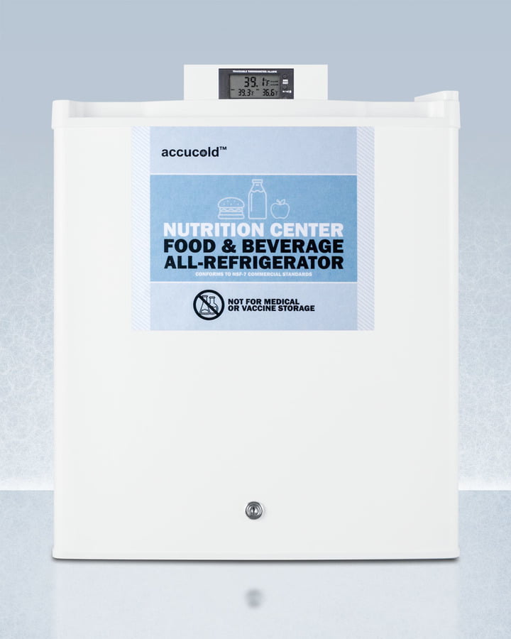 Summit FFAR25L7NZ Compact Commercially Approved Nutrition Center Series All-Refrigerator In White With Front Lock And Digital Temperature Display