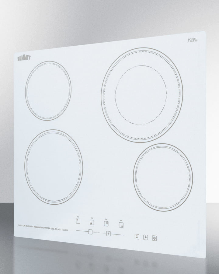 Summit CR4B23T6W 230V 4-Burner Cooktop In White Ceramic Schott Glass With Digital Touch Controls And An Extra Large 8" Dual Cooking Element