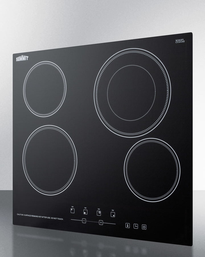 Summit CR4B23T5B 230V 4-Burner Cooktop In Black Ceramic Schott Glass With Digital Touch Controls And An Extra Large 8" Dual Cooking Element