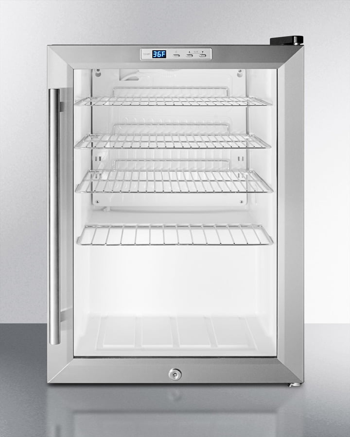 Summit SCR312L Commercially Approved Countertop Glass Door Refrigerator Designed For The Display And Refrigeration Of Beverages Or Sealed Food, With Black Cabinet, Front Lock, And Digital Thermostat; Replaces Scr310L