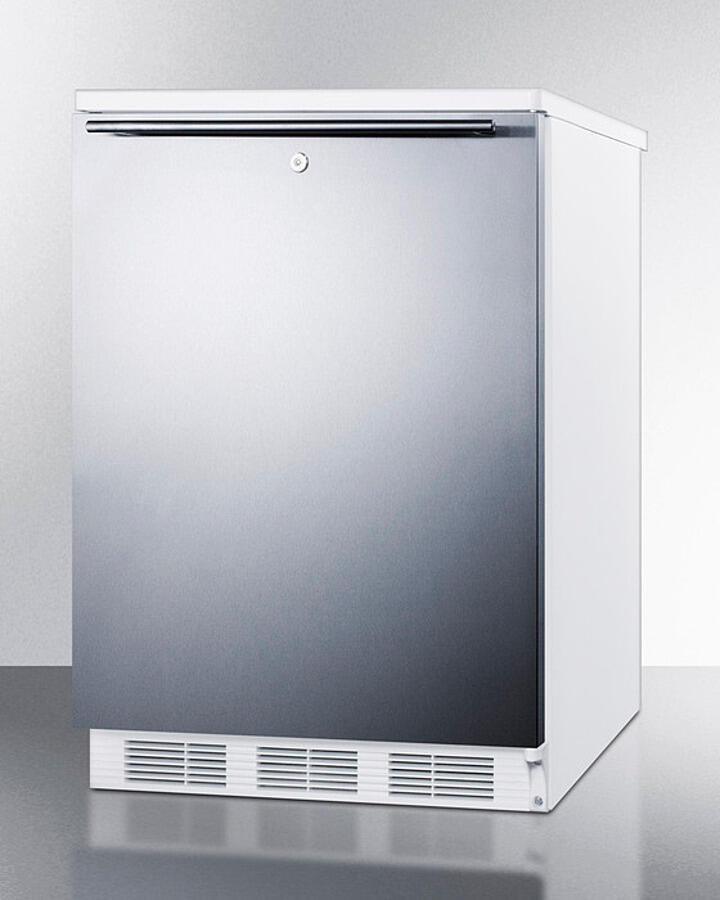 Summit FF6LW7SSHH Commercially Listed Freestanding All-Refrigerator For General Purpose Use, Auto Defrost W/Lock, Ss Wrapped Door, Horizontal Handle, And White Cabinet