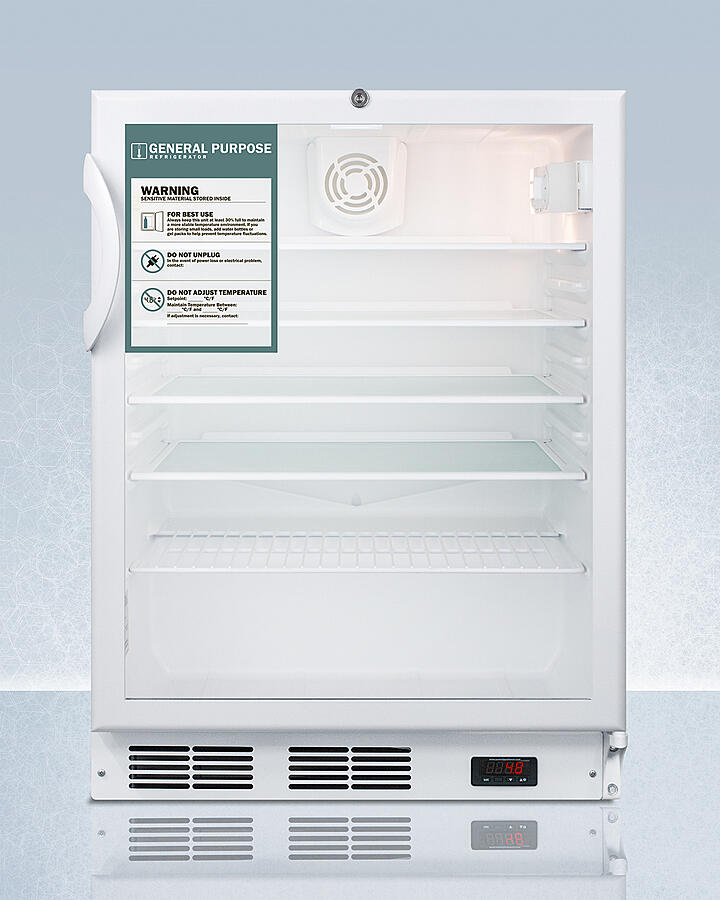 Summit SCR600GLBIADAGP General Purpose, Commercially Listed Ada Compliant Built-In Undercounter All-Refrigerator With White Cabinet, Glass Door, Digital Thermostat, And Lock