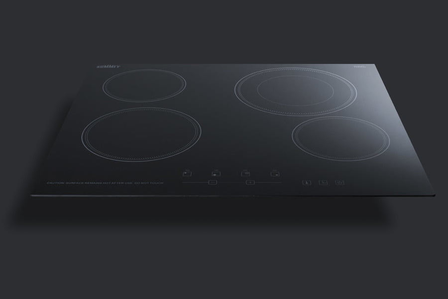 Summit CR4B23T5B 230V 4-Burner Cooktop In Black Ceramic Schott Glass With Digital Touch Controls And An Extra Large 8" Dual Cooking Element