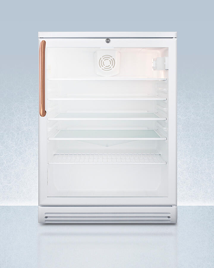 Summit SCR600GLTBC Commercially Listed 5.5 Cu.Ft. Counter Height Beverage Center In A 24" Footprint, With Pure Copper Handle, White Cabinet, Glass Door, And Lock